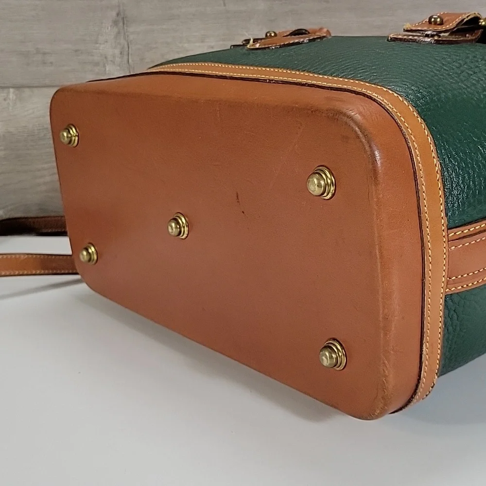 Vintage Dooney & Bourke Green Pebbled Leather Satchel with Tan Trim and Handles